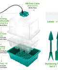 Seed Starter Tray Kit With Grow Light For Indoor Gardening Six Piece Germination Trays With Full Spectrum Lights And Adjustable Humidity Domes Three Point Nine Inch Covers Green Warm White LED For DIY Home Growers, showing components and dimensions.