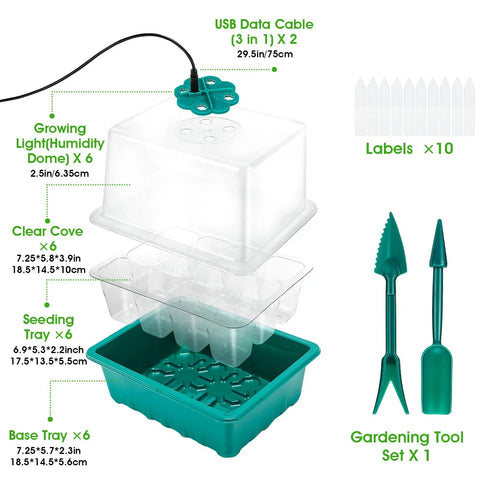 Seed Starter Tray Kit With Grow Light For Indoor Gardening Six Piece Germination Trays With Full Spectrum Lights And Adjustable Humidity Domes Three Point Nine Inch Covers Green Warm White LED For DIY Home Growers, showing components and dimensions.