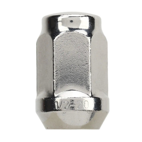 Upgrade Your Ride With These 16 Pc Chrome Lug Nuts For G1 Golf Carts, Perfect Fitment For Ezgo And Club Car Tires To Securely Fasten Wheels And Keep It Looking Fresh For Years. Chrome steel lug nut, 1/2-20 thread, front view