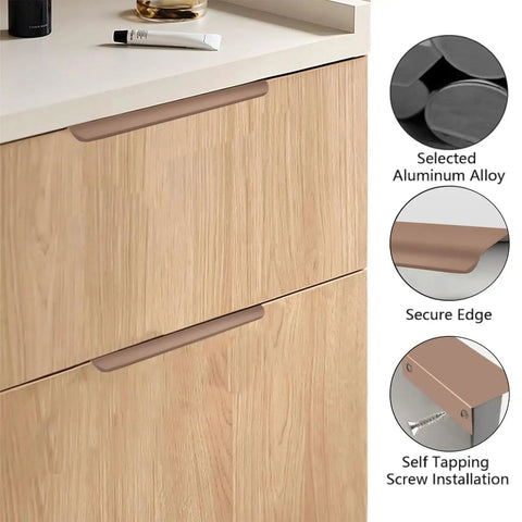 Curved Aluminum Finger Edge Drawer Pulls 120mm Brown 16 Pack Modern Style Cabinet Handles installed on wooden drawers