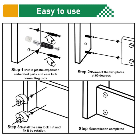 Installation guide for Durable 170Pcs Cam Locks Kit For Furniture 3 In 1 Eccentric Hardware with four assembly steps.