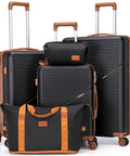Cosbarn 5-piece luggage set: black ABS hard-shell suitcases with brown trim and spinner wheels; includes duffel and pouch