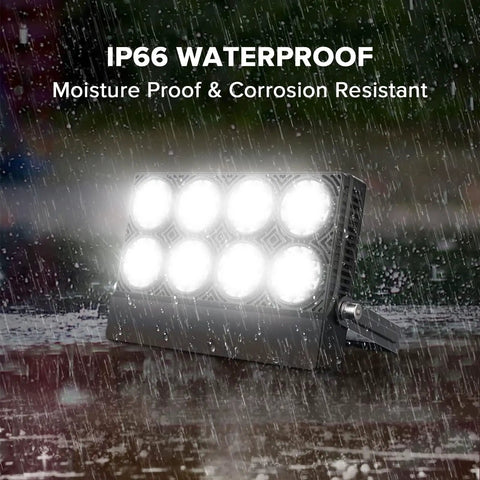 Rugged Outdoor LED Flood Light 350W Equivalent 5000 Lumen Beast Bright Security And Work Light 5700K in rain showing IP66 waterproof.