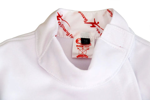Close-up of collar on 350N Fencing Uniform Full Set Pants Jacket Vest For Foil Epee Saber White Pro Grade Practice Gear
