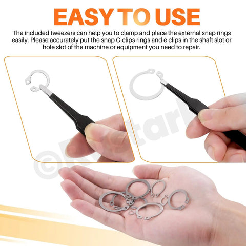 Tweezers holding snap ring from 211 Piece External Snap Ring Kit In 304 Stainless Steel With Tweezers, 21 Sizes M4 to M19