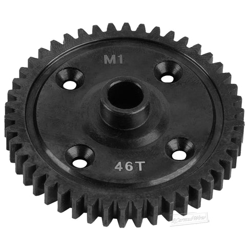Hardened Steel 46T Spur Gear Upgrade for One Eighth Scale Sledge 4WD Monster Truck showing 46T marking and bolt holes