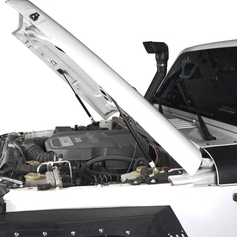 Wrangler JK Hood Lift Support Kit Pair For 2011-2018 Jeep Wrangler JK And Unlimited, open hood with gas-charged shocks visible
