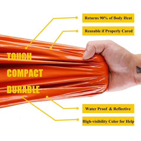 Hand holding orange Emergency Sleeping Bag Survival Bivy Sack Lightweight Emergency Blanket, showcasing toughness and compact size.