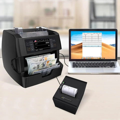 Ultra Fast Money Counter Machine With 1500 Bills Per Minute, Mixed Denominations, Advanced CIS UV IR MG MT, printer connected