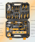 Open toolbox displaying 89 Piece Home Tool Set With Hammer And Drill Bits, Ratchet, Wrench, Pliers, Hex Keys, Tape Measure, Screwdrivers.