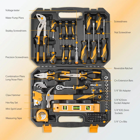 Open toolbox displaying 89 Piece Home Tool Set With Hammer And Drill Bits, Ratchet, Wrench, Pliers, Hex Keys, Tape Measure, Screwdrivers.