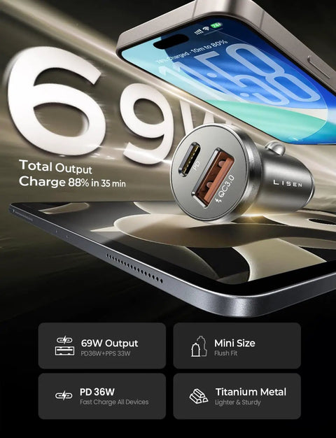 Dual USB C Car Charger 69W Fast Charging Cigarette Lighter Adapter for 12V Cars with phone and tablet on display