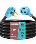UL Listed 30 Amp 10 Foot 125V 250V 3 Prong Dryer And EV Extension Cord With NEMA 10 30P To 10 30R, coiled, 15 ft version shown
