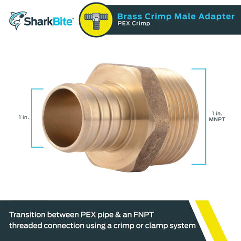 1 Inch Crimp MNPT Male Brass Plumbing Adapter For PEX And Copper, showing transition from PEX to FNPT with crimp rings or clamps.