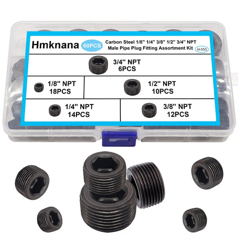 60 Piece Carbon Steel Pipe Plug Fitting Assortment Kit With Five NPT Male Internal Hex Thread Socket Sizes in plastic case