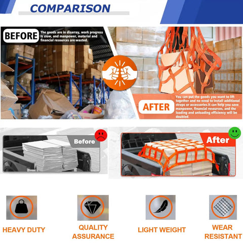 Heavy Duty Hoisting Lifting Net With Reinforced Safety Slings For Heavy Haulin Cargo Loads And Outdoor Climbing Support Tough As Nails Industrial Grade Polyester Rigging Sling before and after comparison in use.