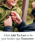 Adult attaching 4 Pack Heavy Duty Zipper Pulls Replacement Clips Clip On Tabs to child's green jacket zipper outdoors.