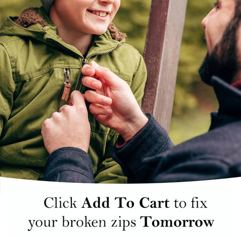 Adult attaching 4 Pack Heavy Duty Zipper Pulls Replacement Clips Clip On Tabs to child's green jacket zipper outdoors.