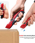 Auto Retracting Utility Knife With Dual Safety System For Fast Box Cutting Blade Auto Retracts When Off The Cutting Surface No Brainer Safety Push Button Release Easy Grip Handle Ideal For DIY Packing And Heavy Duty Work, red metal handle cutting cardboard