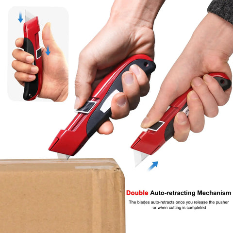 Auto Retracting Utility Knife With Dual Safety System For Fast Box Cutting Blade Auto Retracts When Off The Cutting Surface No Brainer Safety Push Button Release Easy Grip Handle Ideal For DIY Packing And Heavy Duty Work, red metal handle cutting cardboard
