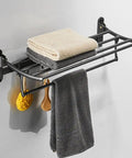 Oil Rubbed Bronze 24 Inch Towel Rack with Foldable Shelf, adjustable bar, and five hooks, wall mounted, rustproof stainless steel.