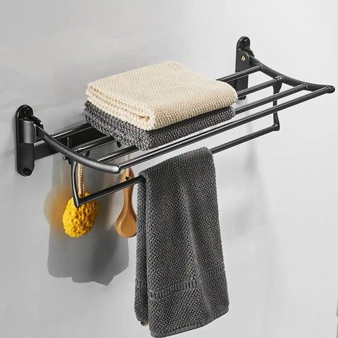 Oil Rubbed Bronze 24 Inch Towel Rack with Foldable Shelf, adjustable bar, and five hooks, wall mounted, rustproof stainless steel.