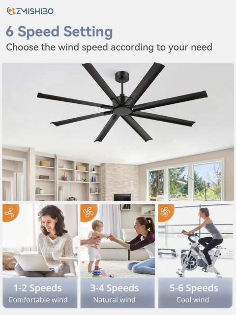 Beefy 72 Inch Black Ceiling Fan With Remote No Light Quiet DC Motor Industrial Indoor Outdoor With 8 Aluminum Blades installed