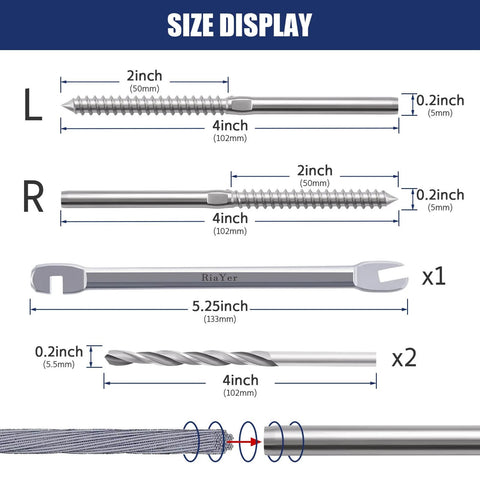 DIY Ready Left And Right Handed Swage Lag Screws In T316 Stainless Steel For Wood Posts, One Eighth Inch Cable Railing Kit size display