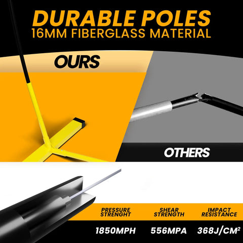Comparison of durable 16mm fiberglass volleyball net poles showcasing our strong design vs. others breaking