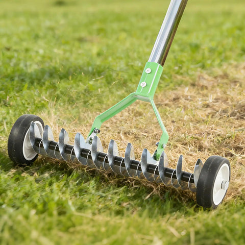 Wheeled Adjustable Thatch Rake For Lawn Care With Protective Gloves, Ergonomic Dethatcher Rake, Heavy Duty Carbon Steel Rust Resistant, Wide Head