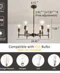 Diagram of Six Light Bronze Sputnik Chandelier with size details and bulb types, featuring E26 base for farmhouse style.