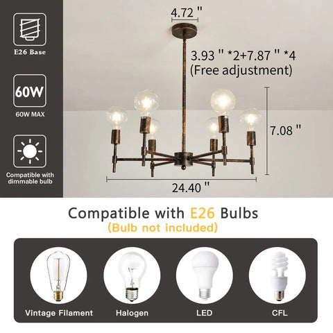 Diagram of Six Light Bronze Sputnik Chandelier with size details and bulb types, featuring E26 base for farmhouse style.