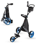 Three Wheel Golf Push Cart With Rock Solid Stability On Any Terrain Heavy Duty Stabilizer Rods Smooth Push And One Touch Braking For Effortless Control On Hills And Rough Fairways Black And Blue folded and open