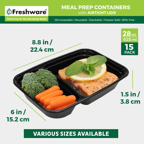 Top Tier Meal Prep Setup, Two Compartment Bento Boxes With Secure Lids, 15 Pack Stackable Food Storage Containers, BPA Free Microwave And Dishwasher Safe, 28 Oz Portions Hit The Spot Daily