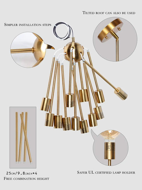 Modern Gold Sputnik Chandeliers Set Of 12 Brass Industrial Ceiling Lights showing components and installation details