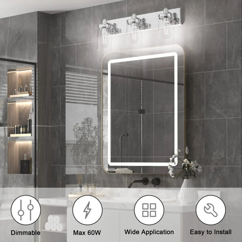 Chrome Farmhouse Vanity Light 3 Light Fixture Over Mirror With Clear Glass Shades in a modern bathroom setting.