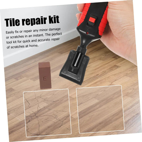 Wood Floor And Furniture Repair Kit With Durable Wax Blocks For Quick Scratch Fixes On Hardwood Laminate And Porcelain Tile Surfaces Pro Grade Diy Friendly Restoration Tool, showing wax block and repair tool on wood flooring.