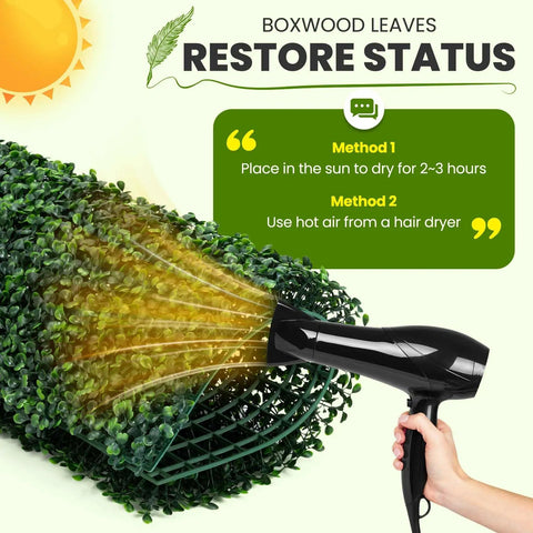 Artificial Grass Wall Panel Kit With 12 Boxwood Panels 10x10 Inches showing restoration with hair dryer and sunlight methods.