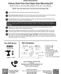Installation instructions for No Hole Stairway Baby Gate Mounting Kit fits posts from two and three quarters inches to three and a half inches wide.
