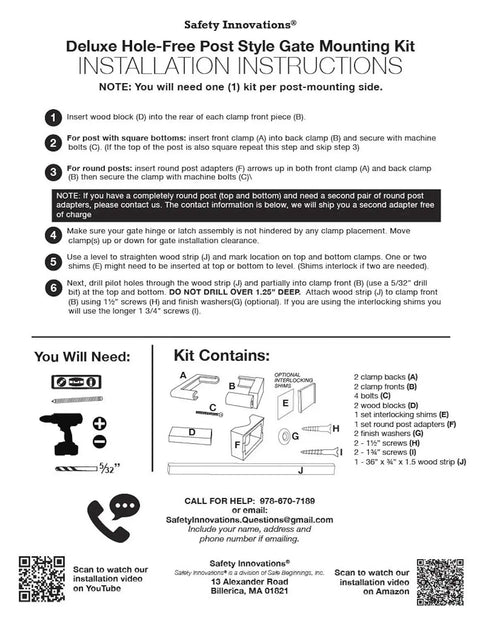 Installation instructions for No Hole Stairway Baby Gate Mounting Kit fits posts from two and three quarters inches to three and a half inches wide.