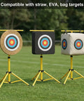 Adjustable Archery Target Stand Heavy Iron Tripod with straw, EVA, and bag targets on a grassy field