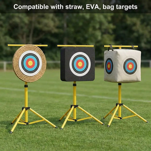 Adjustable Archery Target Stand Heavy Iron Tripod with straw, EVA, and bag targets on a grassy field