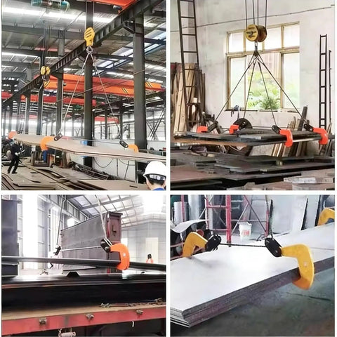 Heavy Duty Forged Swivel Hook And Horizontal Steel Plate Lifting Clamp lifting thick metal sheets in industrial setting.