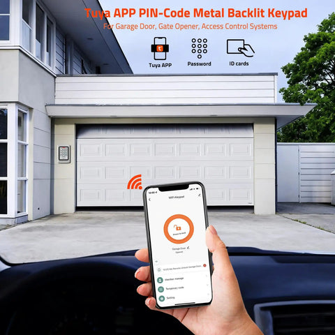 Smart WiFi Access Control Keypad For Garage And Gate Openers With PIN Code And ID Card No Fuss 12V DC IP68 Waterproof Tuya Compatible Supports Up To 2000 Users Easy Setup For Door Locks Gates And Security Systems next to garage