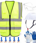 All In One XL PPE Safety Kit With Glasses Earplugs Hard Hat Nitrile Gloves And Reflective Vest For Construction Site And Warehouse Protection For Maximum Safety On Job Sites Ready To Go. High visibility vest, safety glasses, helmet, earplugs, nitrile gloves.