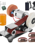 Heavy Duty Mini Belt Sander Sleek Electric Polisher Sharpener Machine With 7 Speed Adjustable Settings, stainless steel frame and sanding belts.