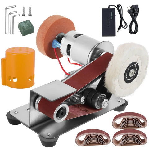 Heavy Duty Mini Belt Sander Sleek Electric Polisher Sharpener Machine With 7 Speed Adjustable Settings, stainless steel frame and sanding belts.