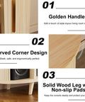 Close-up of features on Large Record Player Stand With Power Outlets And Led Lights, including golden handles, curved corners, and solid wood legs.