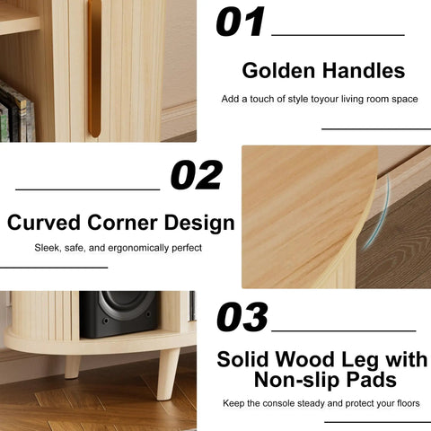 Close-up of features on Large Record Player Stand With Power Outlets And Led Lights, including golden handles, curved corners, and solid wood legs.