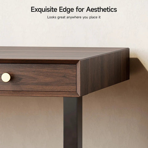 Close-up of Classic Mid Century Modern Electric Standing Desk 63 Inch showing walnut finish edge and drawer.